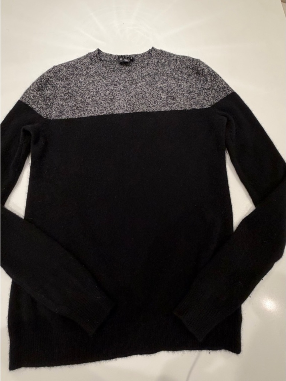 Theory Men's Black Crewneck Sweater with Gray Textured Yoke